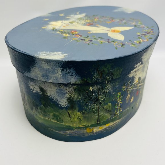 Hand Painted Angels Scene 8.5" Oval Lidded Cardboard Storage Trinket Box Vtg - Picture 7 of 11